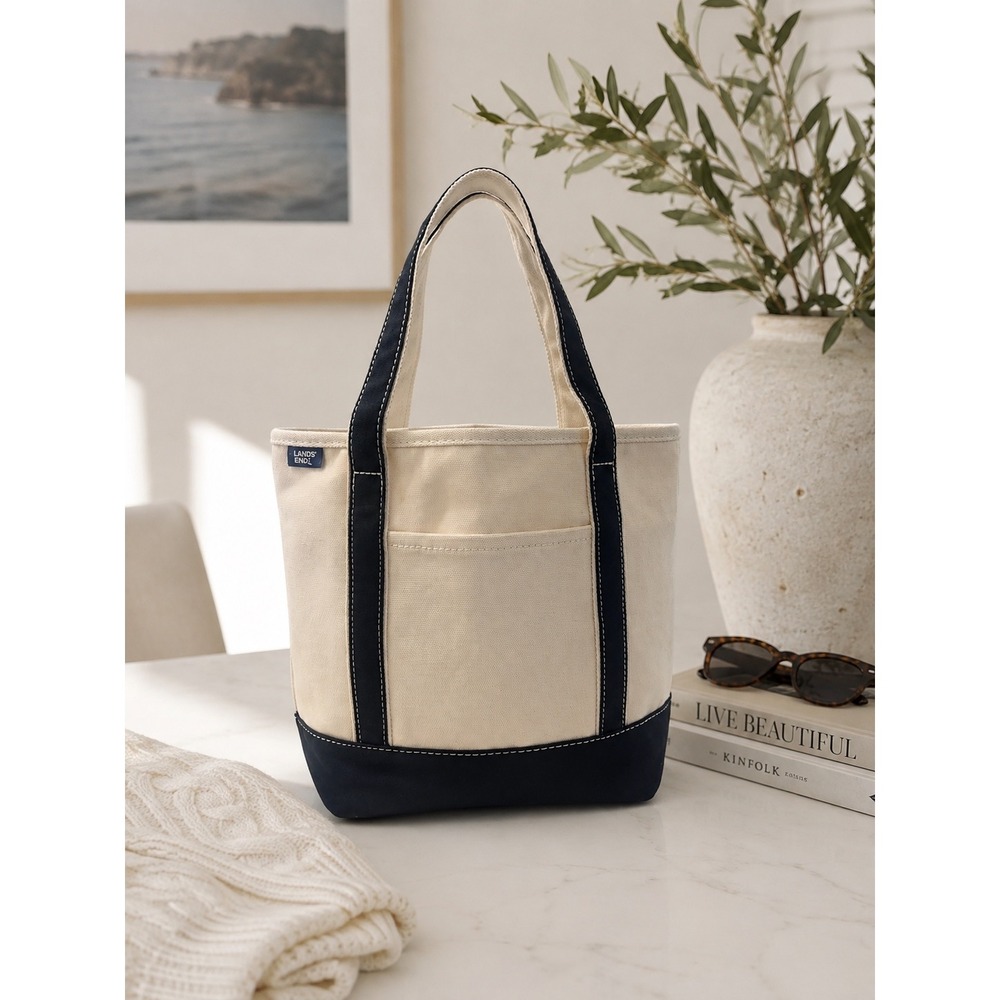 Lands End Canvas Tote Bag Unisex Medium Natural Black Excellent Open Top Pockets